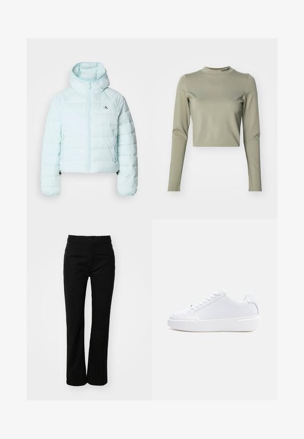 Calvin Klein Jeans LIGHTWEIGHT QUILTED JACKET PACKA - Übergangsjacke - light blue; Gekürztes langärmeliges Oberteil in hellolivgrün, aus glattem Stretchstoff, mit hohem Kragen und einem Calvin Klein-Logo am Kragen.; Schwarze Baumwollhose mit geradem Bein, ausgestattet mit einem vorderen Knopfverschluss, Gürtelschlaufen und zwei Seitentaschen. Glatte Textur.; Weißer Sneaker mit niedrigem Schaft, Schnürverschluss, dicker Sohle und glattem Obermaterial, von der Außenseite vor einem einfarbigen hellen Hintergrund gezeigt.
