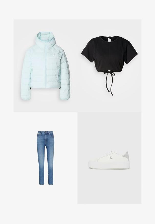 Calvin Klein Jeans LIGHTWEIGHT QUILTED JACKET PACKA - Overgangsjakke - light blue; Sort cropped t-shirt lavet af blødt stof, med korte ærmer, rund halsudskæring og en bindedetalje bagpå til justering.; Smaltsiddende jeans i mediumvasket blå denim. Har høj talje, fem-lommer-design og kontrastsyninger overalt.; Hvide lærredssneakers med en tyk hvid sål, prydet med en metallic sølvaccent på hælen og en diskret logo-detalje på siden.