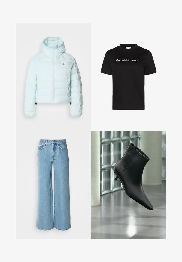 Calvin Klein Jeans LIGHTWEIGHT QUILTED JACKET PACKA - Jas - light blue; Zwart T-shirt met korte mouwen met witte "Calvin Klein Jeans" tekst gecentreerd op de borst en een ronde hals.; Lichtblauwe wijde jeans van denim, met een hoge taille, vijf pockets en subtiele vervaging langs de stof.; Zwarte leren enkellaars met spits toelopende neus en lage kittenhak, schuin weergegeven tegen een gepolijste vloer en een glazen blokken muur als achtergrond.