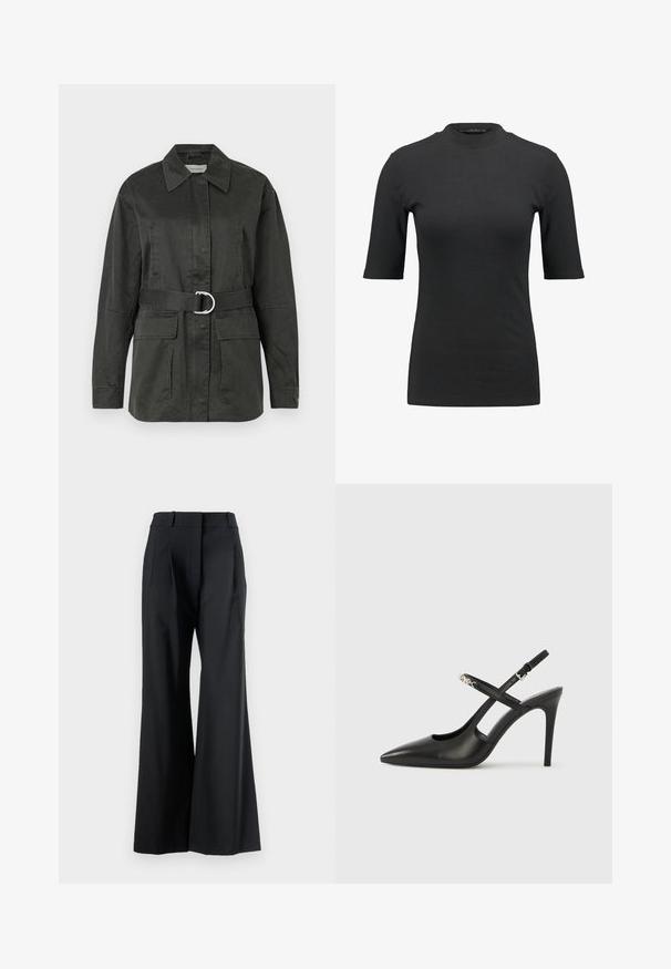 Chaqueta utilitaria de color verde oscuro, hecha de una mezcla de algodón, con collar puntiagudo, bolsillos frontales, cinturón con hebilla circular plateada y un corte relajado.; Camiseta negra de canalé con un cuello alto y mangas cortas. Diseño liso y ajustado sin patrones ni detalles de hardware visibles.; Veronica Beard OLLIE PANT - Pantalones - black; Tacones altos slingback de cuero negro con punta afilada, diseño con recortes y correa ajustable con herrajes metálicos.
