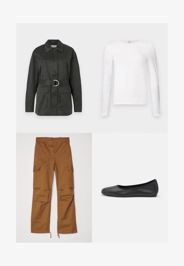 Chaqueta utilitaria de color verde oscuro, hecha de una mezcla de algodón, con collar puntiagudo, bolsillos frontales, cinturón con hebilla circular plateada y un corte relajado.; Camiseta de manga larga blanca, hecha de algodón suave, que presenta un escote redondo y un diseño ajustado con costuras limpias y sin patrones visibles.; Pantalones cargo marrones con un diseño de pierna recta, múltiples bolsillos y detalles con cremallera en el dobladillo. Fabricados con tejido resistente.; Bailarina de piel negra con punta redondeada, textura suave, detalle de costura minimalista y diseño de suela flexible.