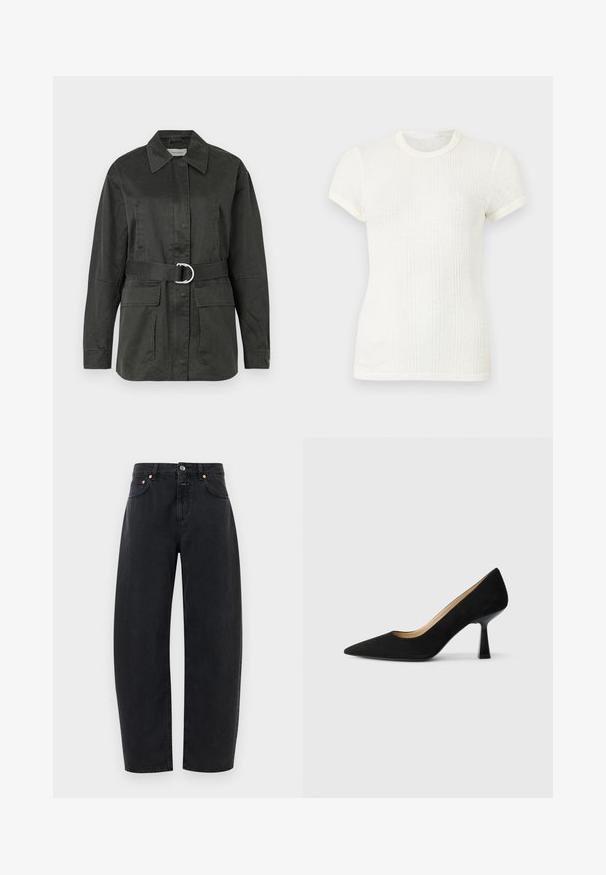 Chaqueta utilitaria de color verde oscuro, hecha de una mezcla de algodón, con collar puntiagudo, bolsillos frontales, cinturón con hebilla circular plateada y un corte relajado.; Camiseta blanca de manga corta de punto acanalado con cuello redondo y mangas ligeramente abullonadas.; Vaqueros de mezclilla negra con un diseño de pierna recta, cinco bolsillos y detalles en cobre. La tela tiene una textura suave y una costura clásica.; Zapato de tacón alto de ante negro con punta afilada, que cuenta con un tacón de bloque negro brillante y un forro interior suave.