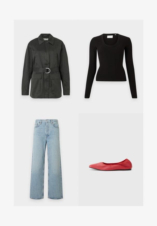 Chaqueta utilitaria de color verde oscuro, hecha de una mezcla de algodón, con collar puntiagudo, bolsillos frontales, cinturón con hebilla circular plateada y un corte relajado.; Top negro de manga larga con cuello redondo, hecho de material acanalado, con un ajuste entallado y diseño minimalista. Sin patrones ni detalles visibles.; Vaqueros de pierna ancha en tela vaquera de color azul claro con cintura alta. Incluyen cinco bolsillos, cierre de botón y una sutil textura deslavada.; Filippa K REY FLATS - Bailarinas - bright red