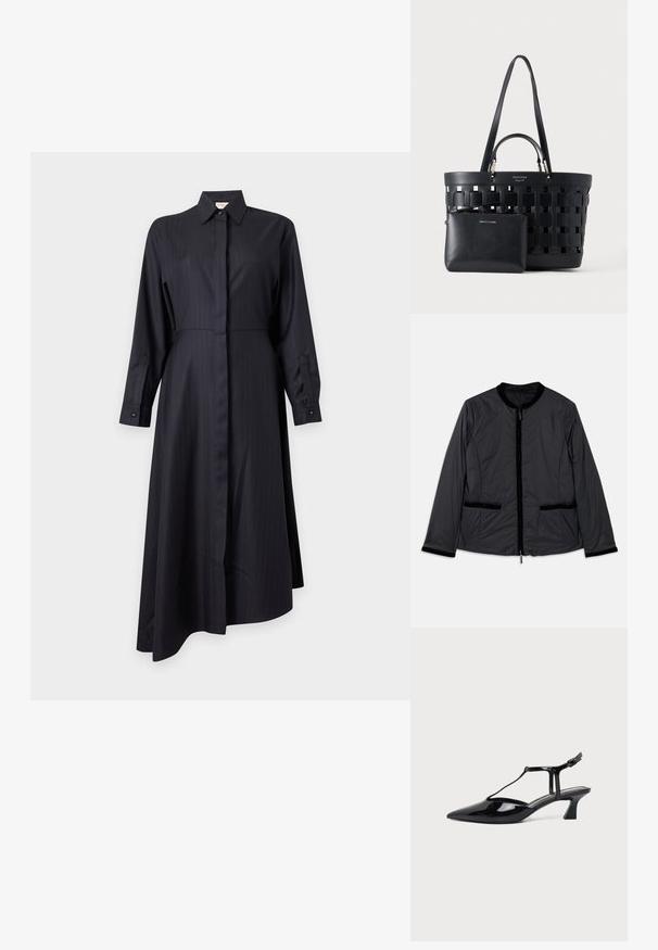 Veste noire légère avec col rond, fermeture éclair à l'avant et deux poches latérales. Présente des accents en velours le long du col et des poches.; Robe chemise noire à manches longues avec col, poignets boutonnés, boutons cachés à l'avant, taille cintrée et ourlet asymétrique.; Chaussure slingback en cuir verni noir à bout pointu avec bride en T et petit talon bloc incliné sur fond blanc.; Sac fourre-tout tissé noir avec double poignées et une petite pochette zippée assortie à l'avant, tous deux en cuir.