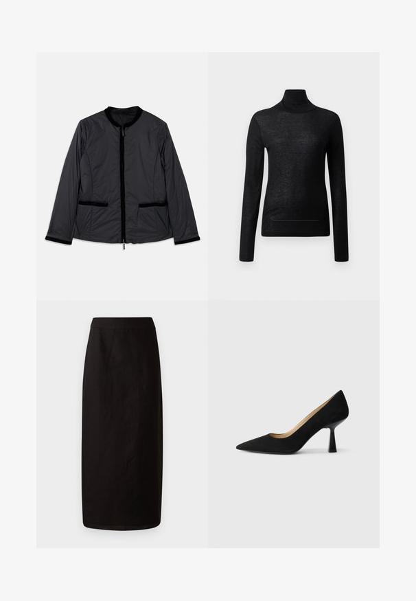 Sort, let jakke med rund krave, lynlås foran og to sidelommer. Har velourdetaljer langs kraven og lommerne.; Sort langærmet turtle neck top lavet af letvægtsstof, med en tætsiddende design og minimale sømdetaljer, velegnet til lagdeling.; Sort midi nederdel lavet af letvægtsstof. Har en lige silhuet, glat tekstur og en simpel talje uden udsmykninger.; Sorte ruskinds højhælede pumps med spids tå, der har en blank sort blokhæl og en glat indvendig foring.