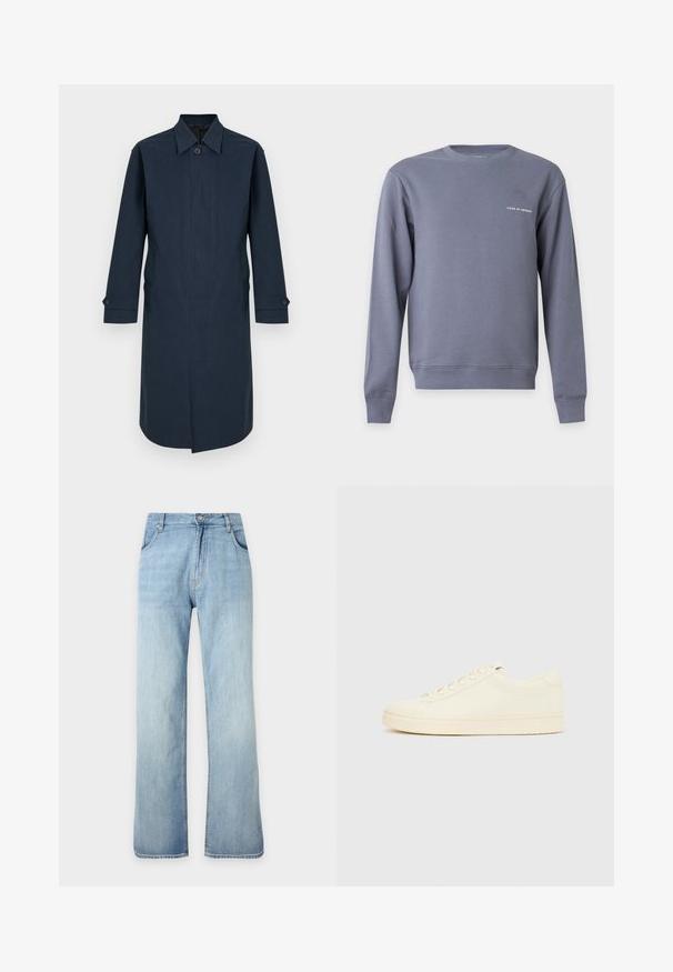 Trench-coat pour homme, bleu marine foncé, à simple boutonnage, col pointu, poignets boutonnés et boutons avant dissimulés, présenté sur un fond blanc.; Sweat-shirt gris à manches longues et col rond avec petit texte blanc "Tiger of Sweden" sur le côté gauche de la poitrine.; Jean denim bleu clair à coupe droite avec fermeture avant à boutons et zip, poches avant et passants de ceinture, présenté sur un fond uni.; Baskets couleur crème avec une tige en cuir lisse, bout arrondi, laçage à l'avant et semelle en caoutchouc texturée. Design minimaliste, sans logo.