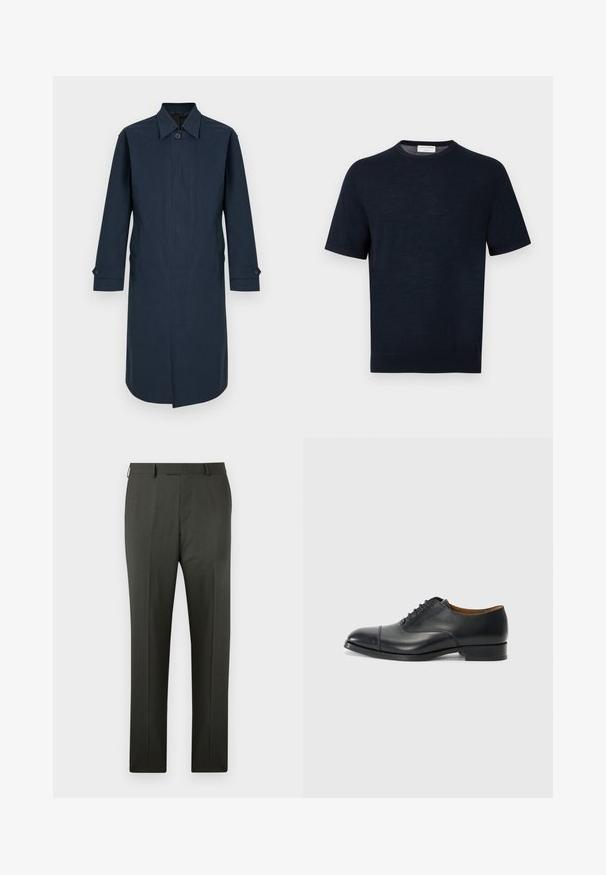 Trench-coat pour homme, bleu marine foncé, à simple boutonnage, col pointu, poignets boutonnés et boutons avant dissimulés, présenté sur un fond blanc.; Chemise en tricot bleu marine à manches courtes avec un col rond, une texture unie et une étiquette au dos du col.; Pantalon de costume pour homme sur mesure gris foncé avec passants de ceinture et pli avant, présenté sur fond blanc.; Chaussure habillée en cuir noir avec une finition lisse, bout arrondi, cinq œillets pour les lacets et un petit talon carré. Design minimaliste avec des coutures discrètes.
