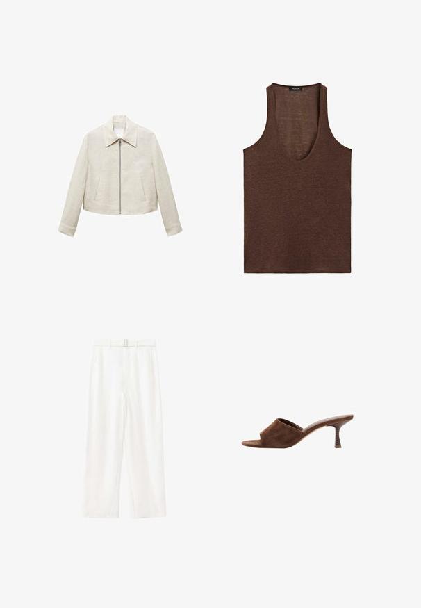 Beige linnen jack met een kraag, rits aan de voorkant en twee zijzakken. Heeft een cropped model en een gladde textuur.; Mouwloze bruine tanktop met diepe ronde hals, gemaakt van lichtgewicht stof, met een label van Massimo Dutti aan de binnenkant van de kraag.; Witte broek met hoge taille en wijde pijpen, voorzien van een bijpassende stoffen riem en zijzakken, getoond op een effen witte achtergrond.; Bruine suède open-toe mule met een middelhoog, gebogen houten hak en slip-on ontwerp op een witte achtergrond.