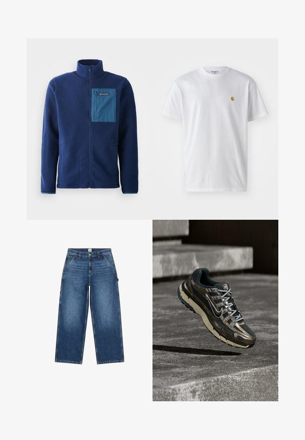 Marineblå fleecejakke med høj krave, der har en kontrastfarvet blå lynlåslomme på brystet og to sidelommer. Blødt, struktureret stof.; Hvid bomulds t-shirt med korte ærmer, rund hals og et lille guld logo på venstre brystområde. Blød tekstur og almindelig pasform.; Blå jeans med vide ben, forlommer, bæltestropper, knaplukning og et Lee-mærke på taljen.; Mørk metallisk og sort Nike løbesko med beige sål, der svæver over grå betontrapper.