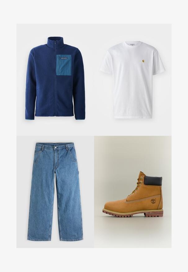 Marineblauwe fleecejas met een hoge kraag, voorzien van een contrasterende blauwe ritszak op de borst en twee zijzakken. Zachte, gestructureerde stof.; Witte katoenen t-shirt met korte mouwen en ronde hals, voorzien van een klein gouden logo op de linkerkant van de borst. Zachte textuur en een normale pasvorm.; Blauwe jeans met wijde pijpen en dunne witte verticale spijkerstreepjes, voorzakken, riemlussen en een knoopsluiting in de taille.; Bruine leren enkellaars met zwarte kraag, gele veters en een zandkleurige zool. Voorzien van een logo en witte stikseldetails. Robuuste loopzool met grip.