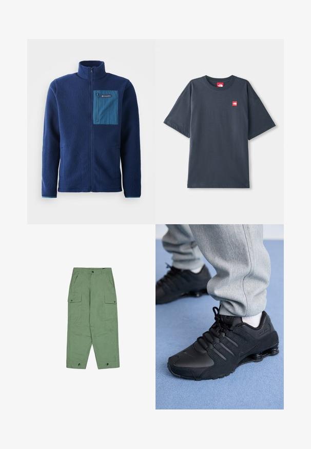 Marineblå fleecejakke med høj krave, der har en kontrastfarvet blå lynlåslomme på brystet og to sidelommer. Blødt, struktureret stof.; Mørk navy blå kortærmet T-shirt lavet af bomuld, med en rød logo-patch på venstre bryst og en klassisk rund halsudskæring.; Grøn cargo-bukser med afslappet pasform, to store sidelommer og justerbare ankelmanchetter. Fremstillet af tekstureret bomuldsstof.; Person iført sorte Nike Shox sneakers og grå joggingbukser, der står på lyseblåt tæppe.