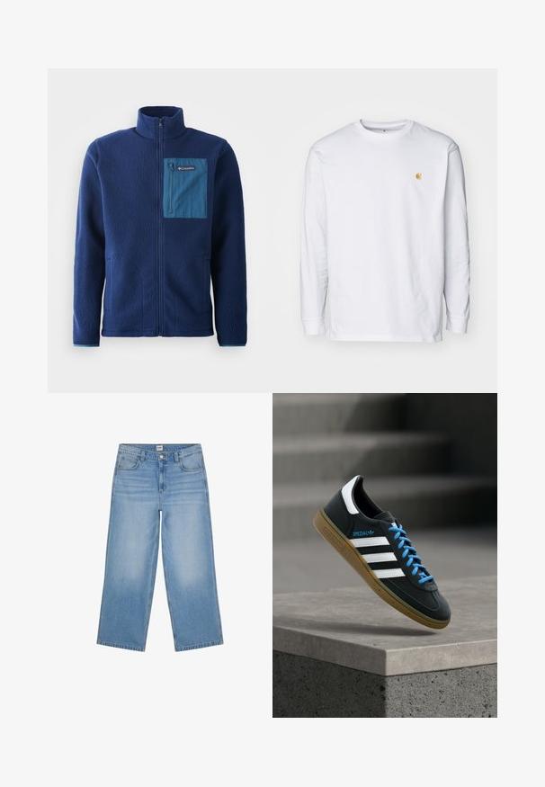 Marineblå fleecejakke med høj krave, der har en kontrastfarvet blå lynlåslomme på brystet og to sidelommer. Blødt, struktureret stof.; Hvid langærmet t-shirt lavet af bomuld. Har et lille gyldent logo på brystet og en rund halsudskæring. Enkel design og standard pasform.; Lyseblå cowboybukser med vid ben, forlommer, bæltestropper, knap og lynlås, vist mod en hvid baggrund.; Sort Adidas sneaker med hvide striber, blå snørebånd og gummisål, der svæver over gråt betontrin i blødt lys.