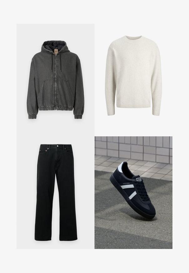 Grijze denim hoodie met een ritssluiting, elastische manchetten en een tailleband. Heeft grote voorzakken en een gewatteerde binnenvoering.; Effen crèmekleurige trui met lange mouwen, een ronde hals en geribbelde manchetten en zoom.; Zwarte denim jeans met een recht pasvorm, vijf-pocketdesign, metalen studs en knoopsluiting. De stof heeft een zachte textuur met minimale vervaging.; Zwarte leren sneaker met witte strepen, een gestructureerde rubberen zool en vetersluiting aan de voorkant. Voorzien van een merklabel op de tong.