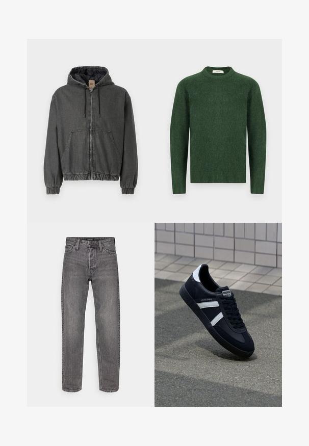 Grijze denim hoodie met een ritssluiting, elastische manchetten en een tailleband. Heeft grote voorzakken en een gewatteerde binnenvoering.; Groene gebreide trui met een ronde halslijn, lange mouwen en een gestructureerde stof. Eenvoudig ontwerp, zonder zichtbare patronen of accenten.; Grijze denim jeans met een rechte snit, vijf zakken en een licht versleten textuur. Voorzien van een gemerkte tailleband met standaardhardware.; Zwarte leren sneaker met witte strepen, een gestructureerde rubberen zool en vetersluiting aan de voorkant. Voorzien van een merklabel op de tong.
