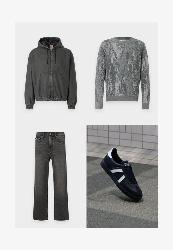Grijze denim hoodie met een ritssluiting, elastische manchetten en een tailleband. Heeft grote voorzakken en een gewatteerde binnenvoering.; Grijze trui met een gestructureerd patroon in verschillende tinten grijs, ronde hals, lange mouwen en geribbelde manchetten en zoom.; Rechtaflopende zwarte vervaagde jeans met voorkwab- en muntzakken, met knoop- en ritssluiting, weergegeven tegen een witte achtergrond.; Zwarte leren sneaker met witte strepen, een gestructureerde rubberen zool en vetersluiting aan de voorkant. Voorzien van een merklabel op de tong.