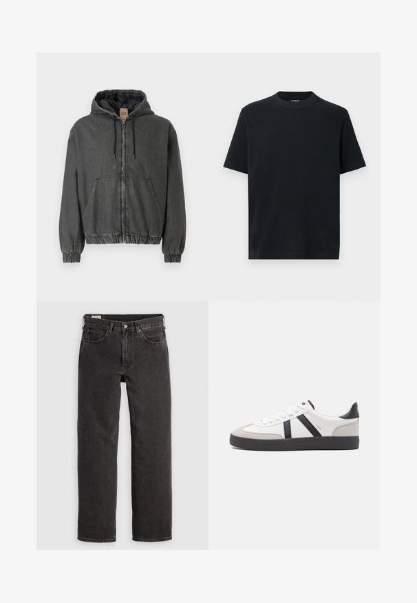 Grijze denim hoodie met een ritssluiting, elastische manchetten en een tailleband. Heeft grote voorzakken en een gewatteerde binnenvoering.; Zwart T-shirt met korte mouwen en een ronde hals, gemaakt van zacht katoen. Eenvoudig ontwerp zonder patronen of versieringen.; Zwarte denim jeans met een rechte pijpontwerp, vijf zakken en metalen accenten. De stof heeft een lichte textuur en een effen kleurafwerking.; Witte sneaker met zwarte en grijze accenten, voorzien van een grijze neus met textuur, zwarte rubberen zool en platte witte veters. Schoon ontwerp, minimalistische stijl.