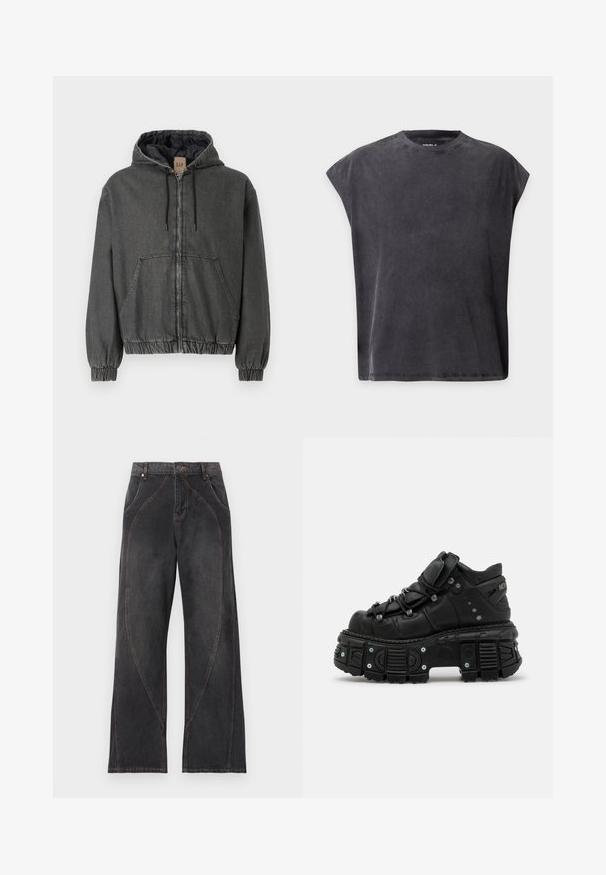 Grå denim hættejakke med lynlåslukning, elastiske manchetter og talje. Har store forlommer og et quiltet indre fôr.; Sort ærmeløs t-shirt med rund hals, afslappet og boxy pasform samt let sænkede skuldre på ensfarvet baggrund.; Sorte vidde cowboybukser med høj talje, buede sømdetaljer, forlommer, bæltestropper og knaplukning.; Sorte læder høj-top sneakers med en tykk gummisål, snørebåndsdesign, polstret krave og metal accenter. Har en mønstret sål for godt greb.