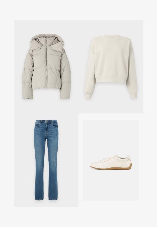 Lichtgrijze, korte pufferjas met een hoge kraag, ritssluiting, drukknoopjes en een gewatteerde textuur. Heeft brede mouwen en een capuchon.; Lichtbeige cropped sweatshirt met lange mouwen, geribde kraag en manchetten, zachte stofstructuur, minimalistisch design, geen zichtbare patronen of accenten.; Blauwe high-waisted straight-leg jeans met een knoop en rits aan de voorkant, vijf-pocket ontwerp en subtiele vervaging op de dijen en knieën.; Witte leren sneaker met een gladde textuur, ronde neus en tonale stiksels. Voorzien van een tankleurige rubberen zool en vetersluiting.