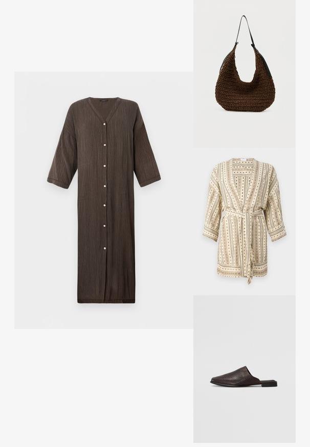Bata ligera de crema con rayas verticales negras y verdes, patrones en puntos y un cinturón de lazo. Presenta mangas de tres cuartos y un corte holgado.; Vestido largo, marrón, texturizado con escote en V, mangas tres cuartos y cierre de botones en el frente. Tejido suave con rayas verticales.; Mule negro sin cierres hecho de material texturizado con un patrón de reptil, que presenta un tacón bajo y plano y un diseño de punta redondeada y abierta.; Bolso marrón tejido con una forma suave y redondeada y una única correa delgada negra para el hombro, sobre un fondo sencillo.