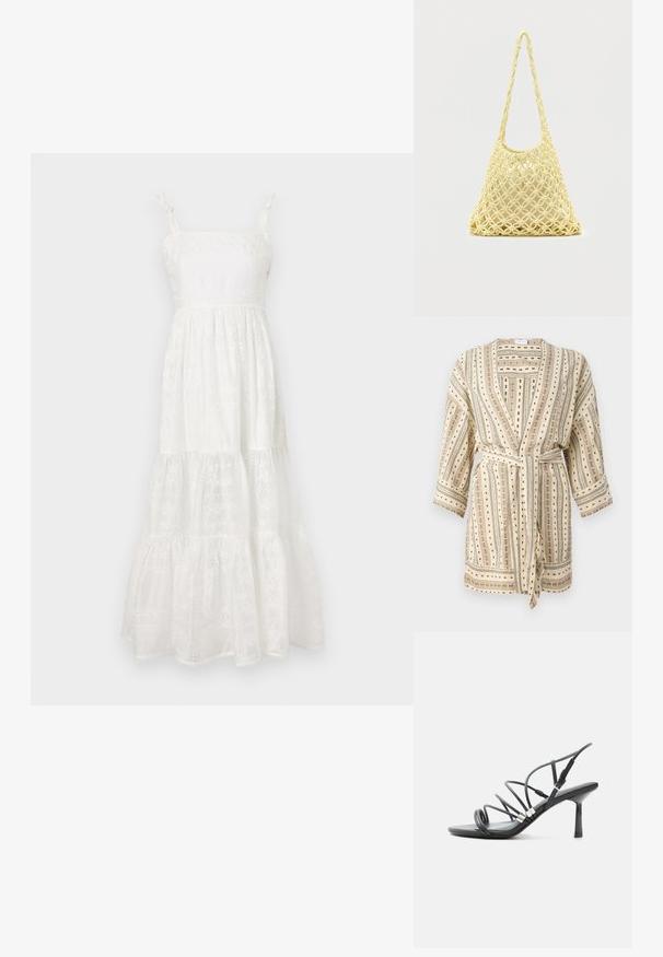 Bata ligera de crema con rayas verticales negras y verdes, patrones en puntos y un cinturón de lazo. Presenta mangas de tres cuartos y un corte holgado.; Vestido maxi blanco con tirantes ajustables, que presenta un cuerpo texturizado y una falda en capas con patrones florales bordados y detalles de ojales.; Sandalia negra de tacón alto con tiras finas y curvas, detalles plateados y una hebilla ajustable en el tobillo sobre un fondo blanco.; Bolso de red de macramé amarillo con correa larga y bolsa beige en su interior, mostrado sobre un fondo blanco liso.