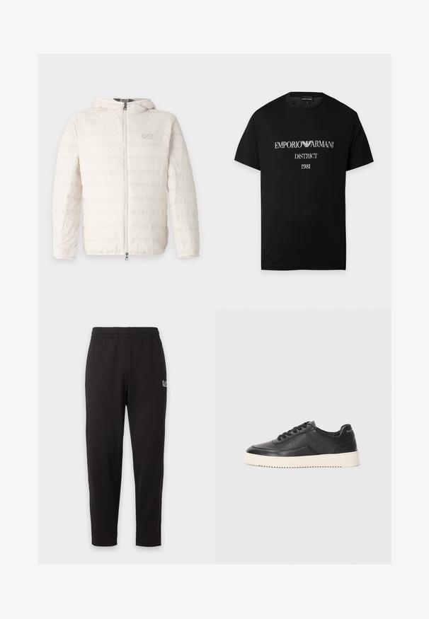 EA7 Emporio Armani TRAIN CORE - Páperová bunda - whitecap gray; Čierne tričko s krátkym rukávom s bielym textom "EMPORIO ARMANI DISTRICT 1981" a krídelným logom medzi slovami.; Čierne elastické tepláky so zúženými nohavicami a malým bielym logom na hornej ľavej stehne.; Čierne kožené tenisky s textúrovaným povrchom, okrúhlou špičkou a plochou bielou gumovou podrážkou. Obsahujú čierne šnúrky a značku na päte.