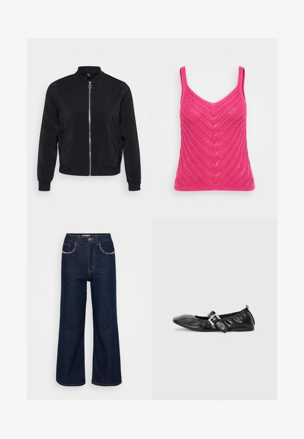 Schwarze Bomberjacke aus einem glatten Stoff mit ribbeltem Kragen, gerippten Ärmeln und einem Frontreißverschluss. Verfügt über seitliche Taschen und ein minimalistisches Design.; Fuchsia gestricktes Tanktop mit V-Ausschnitt und Zickzackmuster, ausgestattet mit schmalen Trägern und einer strukturierten Oberfläche.; Dunkelblaue Schlagjeans aus Denim, mit hoher Taille, zwei vorderen Taschen mit dekorativer Naht und einem einzelnen Knopfverschluss.; Schwarze Leder-Ballerinas mit spitzem Zehenbereich, gerafften Details am Schaft und einem silbernen Schnallenakzent am verstellbaren Riemen.