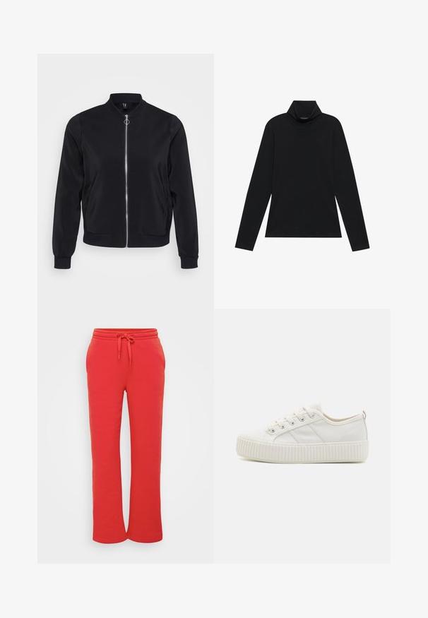 Sort bomberjakke i glat stof med ribbet krave, manchetterede ærmer og en lynlås i fronten. Indeholder sidelommer og har et minimalistisk design.; Sort turtleneck med lange ærmer. Blødt stof, tætsiddende design, høj krave og sidesøm. Simpel og alsidig stil, der er velegnet til lag-på-lag.; Røde joggebukser lavet af blød bomuld, med en elastisk talje med snøre og et lige ben-design. Glat tekstur.; Hvide lærreds sneakers med en struktureret gummisål, rund tå og snørebåndsdesign, der har tre sidelinjer.