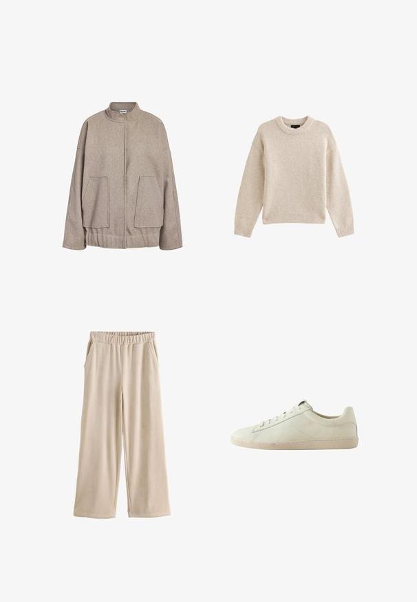 Taupe uldblandet jakke med høj krave, sænkede skuldre, store frontlommer og en sammensnørede bund. Glat tekstur, afslappet pasform.; Beige strikket sweater med rund hals, lange ærmer og ribbet kant. Tekstureret stof med en blød udseende. Enkel og alsidig design.; Beige bredbenede fløjlsbukser med elastik i taljen og sidelommer, vist fladt på hvid baggrund.; Lavskaftet hvid lædersneakers med tekstureret overflade, snørelukning og en beige gummisål, vist fra siden på en hvid baggrund.