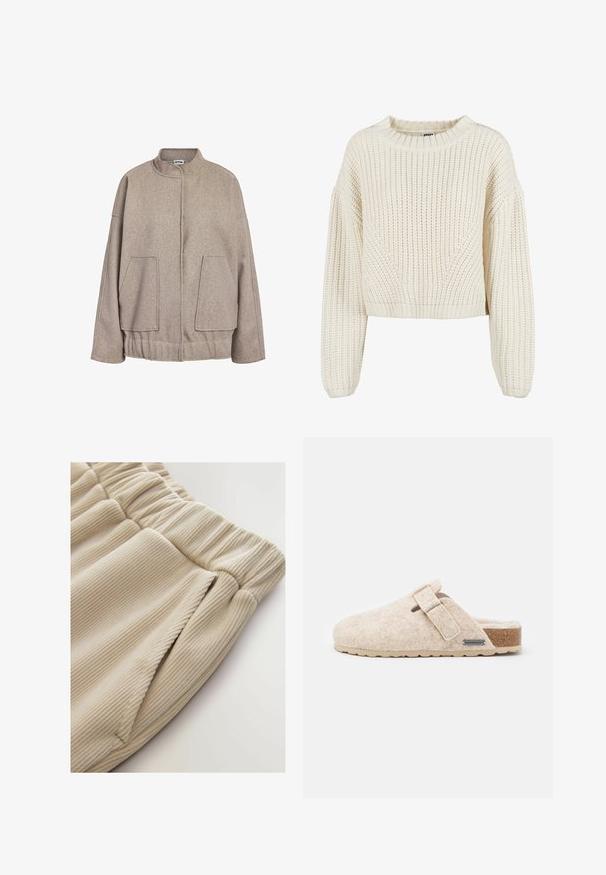Taupe Wollmischung Jacke mit hohem Kragen, gesenkten Schultern, großen Fronttaschen und einem gerafften Saum. Glatte Textur, lockere Passform.; Dicker Strickpullover in Creme mit Rundhalsausschnitt, weiten Ärmeln, gerippten Bündchen und einem strukturierten Muster. Verkürzter Schnitt.; Beige Rippstoff-Jogginghosen mit einem gerafften Bund und Seitentaschen, die eine weiche Textur und ein lässiges Design zeigen.; Shepherd HILMA - Hausschuh - creme