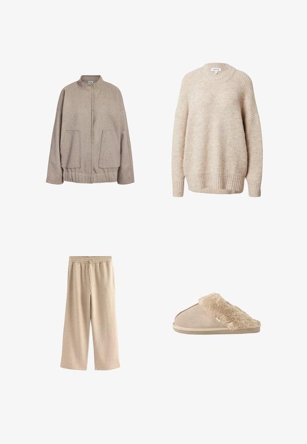 Taupe Wollmischung Jacke mit hohem Kragen, gesenkten Schultern, großen Fronttaschen und einem gerafften Saum. Glatte Textur, lockere Passform.; Beige gestrickter Pullover mit rundem Halsausschnitt, überschnittenen Schultern sowie gerippten Bündchen und Saum. Merkmale einen strukturierten, leicht lockeren Sitz.; Cremefarbene Schlaghosen aus einem weichen Baumwollmix. Sie verfügen über einen elastischen Bund mit Kordelzug und einer dezenten gesprenkelten Textur.; Beiger Schlupfhausschuh mit weichem Wildleder außen und einem flauschigen, weichen Innenfutter und Bündchen, entwickelt für Komfort im Innenbereich.