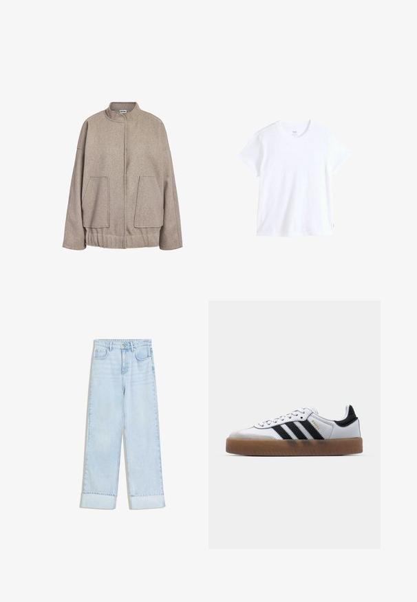 Taupe uldblandet jakke med høj krave, sænkede skuldre, store frontlommer og en sammensnørede bund. Glat tekstur, afslappet pasform.; Hvid bomuld t-shirt med korte ærmer, rund halsudskæring og lige kant. Har en lille rød logoetiket på nederste venstre side.; Lyseblå denimjeans med høj talje, vidde ben, oprullede manchetter og to forlommer. Stoffet har en let falmet tekstur.; Hvide lædersneakers med sorte striber, gummirubber sål, rund tå, snørelukning og blød grå ruskinds tåhætte.