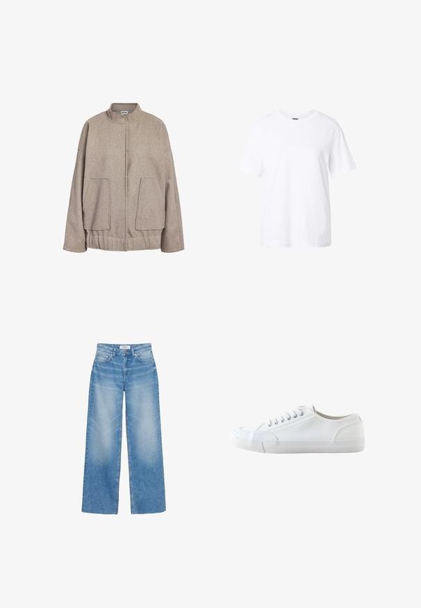 Taupe uldblandet jakke med høj krave, sænkede skuldre, store frontlommer og en sammensnørede bund. Glat tekstur, afslappet pasform.; Enkelt hvid t-shirt med korte ærmer og rund hals, afslappet pasform og lille label inde i kraven.; Blå vidde jeans med lommer foran, bæltestropper og knaplukning, vist på en hvid baggrund.; Hvid lavtop lærredsneaker med hvide snørebånd og gummisål, vist fra siden på en hvid baggrund.