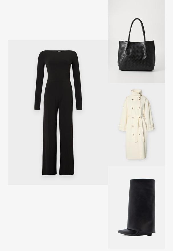 Trench-coat long écru avec col haut, boutons croisés, manches larges et ceinture nouée à la taille.; Combinaison noire à manches longues et jambes larges, avec une taille cintrée et un col bateau, présentée sur un fond clair uni.; Bottines en cuir noir avec une tige haute cylindrique, un bout pointu et un talon plat bas, présentant une texture lisse et un design minimaliste.; Sac de tote en cuir tressé noir avec deux poignées, forme structurée et finition légèrement brillante sur un fond clair.