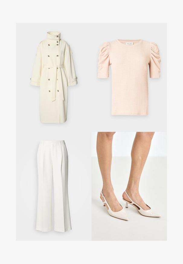 Trench-coat long écru avec col haut, boutons croisés, manches larges et ceinture nouée à la taille.; Blouse rose clair à manches courtes avec épaules bouffantes, tissu texturé et encolure ronde. L'étiquette indique "ANNA FIELD".; Pantalon large blanc à plis sur le devant, ceinture avec passants pour ceinture, et poches latérales, présenté sur un fond clair.; Escarpins à talon slingback en cuir verni beige avec un bout pointu et un talon de 5 cm, présentant des côtés découpés et une fine bride à la cheville.