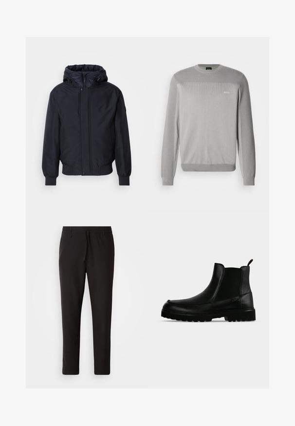 Zwarte capuchonjack met ritssluiting aan de voorkant, elastische manchetten en zoom. Heeft een gladde, matte afwerking en een minimalistisch ontwerp, geschikt voor casual kleding.; Grijze gebreide trui met lange mouwen, ronde hals, geribbelde manchetten en zoom. Heeft een subtiele textuurvariatie en het BOSS-logo op de borst.; Zwarte joggingsbroek van gladde stof. Kenmerkt zich door een elastische tailleband met een trekkoord, taps toelopende benen en geen zichtbare zakken. Eenvoudig ontwerp.; Zwarte leren enkellaars met een gestructureerde zool, elastische zijpanelen en een trekriempje op een lichtgrijze achtergrond.