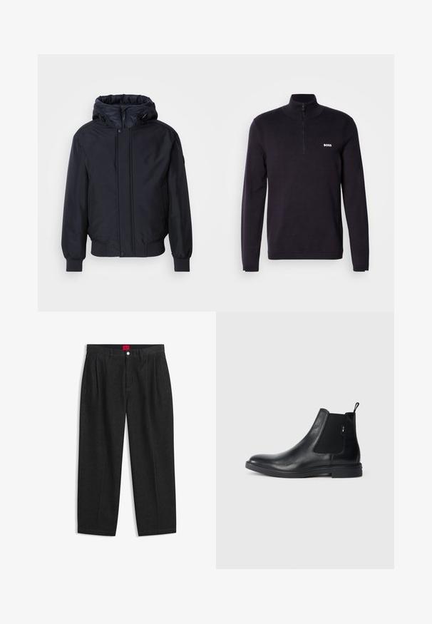 Zwarte capuchonjack met ritssluiting aan de voorkant, elastische manchetten en zoom. Heeft een gladde, matte afwerking en een minimalistisch ontwerp, geschikt voor casual kleding.; Marineblauwe quarter-zip pullover trui gemaakt van zacht materiaal, met een geribde kraag en manchetten, en een klein wit "BOSS" logo op de borst.; Zwarte hoge taille broek met plooien aan de voorkant, ceintuurlussen, een knoop- en ritsluiting, en een rood label aan de binnenkant van de tailleband.; Zwarte leren Chelsea-boots met elastische zijpanelen, een treklipje en een vlakke rubberen zool. Gladde textuur met minimale details.