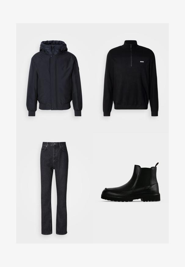 Sort hættetrøje med lynlås foran, elastiske ærmer og kant. Har en glat, mat overflade og minimalistisk design, velegnet til afslappet brug.; Sort pullover sweater med halv-zip krave, der har ribbet tekstur på skuldrene og et lille hvidt "BOSS" logo på brystet.; Høj talje sorte denim jeans med knap- og lynlåsåbning, for- og baglommer samt lige ben.; Sort læderankelstøvle med tekstureret sål, elastiske sidepaneler og træksnor på en lysegrå baggrund.