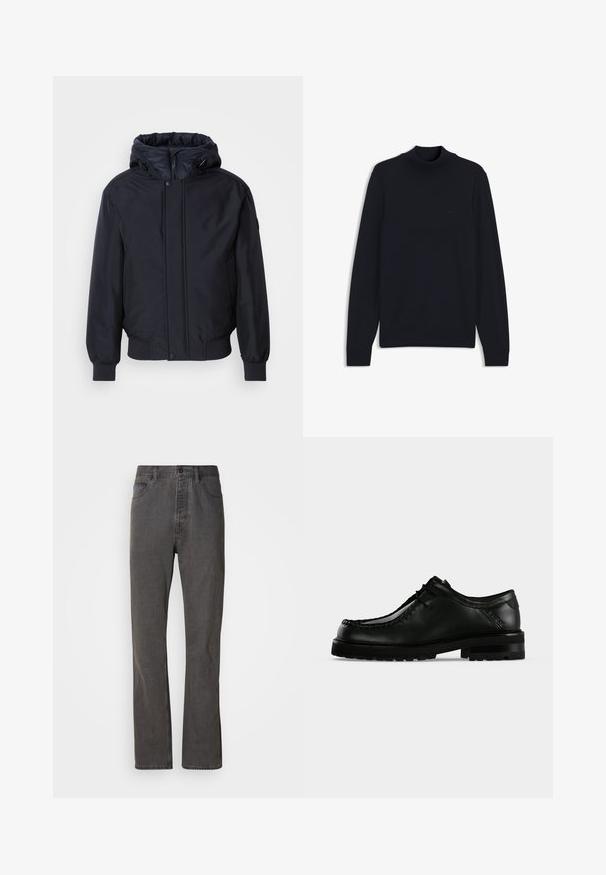 Zwarte capuchonjack met ritssluiting aan de voorkant, elastische manchetten en zoom. Heeft een gladde, matte afwerking en een minimalistisch ontwerp, geschikt voor casual kleding.; Zwarte trui met lange mouwen, geribde col, manchetten en zoom, met een subtiel reliëflogo op de borst.; Grijze spijkerbroek met een rechte pijp, voorzien van voorzakken, een knoopsluiting en een subtiele textuur.; Zwarte leren veterschoen met dikke rubberen zool en moc toe- stiksel, weergegeven vanaf de linkerkant op een effen lichte achtergrond.