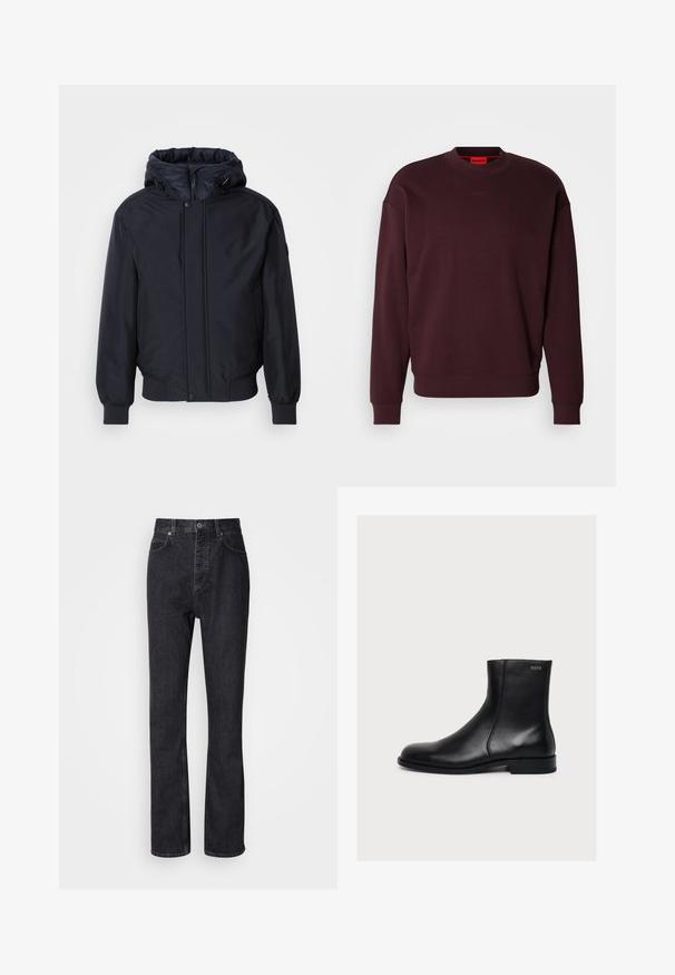 Veste noire à capuche avec fermeture éclair à l'avant, poignets et ourlet élastiques. Caractérisée par une finition lisse et mate, avec un design minimaliste, adaptée pour un port décontracté.; Sweatshirt bordeaux en tissu doux, avec un col rond, des poignets côtelés, et un petit logo embossé sur la poitrine.; Jean en denim noir taille haute avec fermeture à bouton et à glissière, poches avant et arrière, et coupe droite.; Bottine noire en cuir lisse avec petit talon et fermeture éclair latérale, étiquetée Hugo près du bord supérieur.