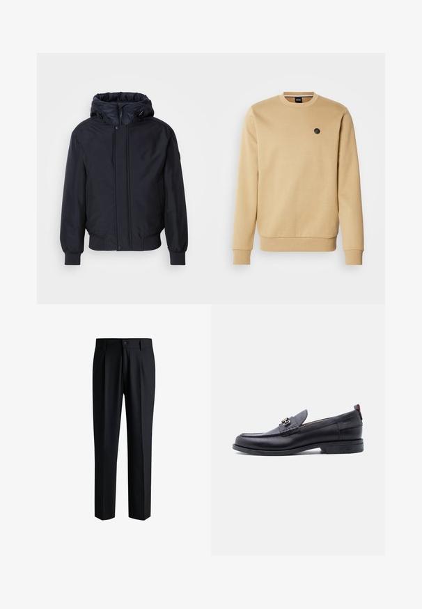Sort hættetrøje med lynlås foran, elastiske ærmer og kant. Har en glat, mat overflade og minimalistisk design, velegnet til afslappet brug.; Beige sweatshirt med rund halsudskæring, ribstrikkede ærmeafslutninger og bund. Har en lille sort logo-patch på venstre bryst. Glat stoftekstur.; Sorte bukser lavet af glat stof, med lige ben-design, plisseringer foran og knaplukning med bæltestropper.; Sort lædermokasin med grå tekstureret forfod, sølvfarvet metalspænde, lav hæl og trækflap bagpå.