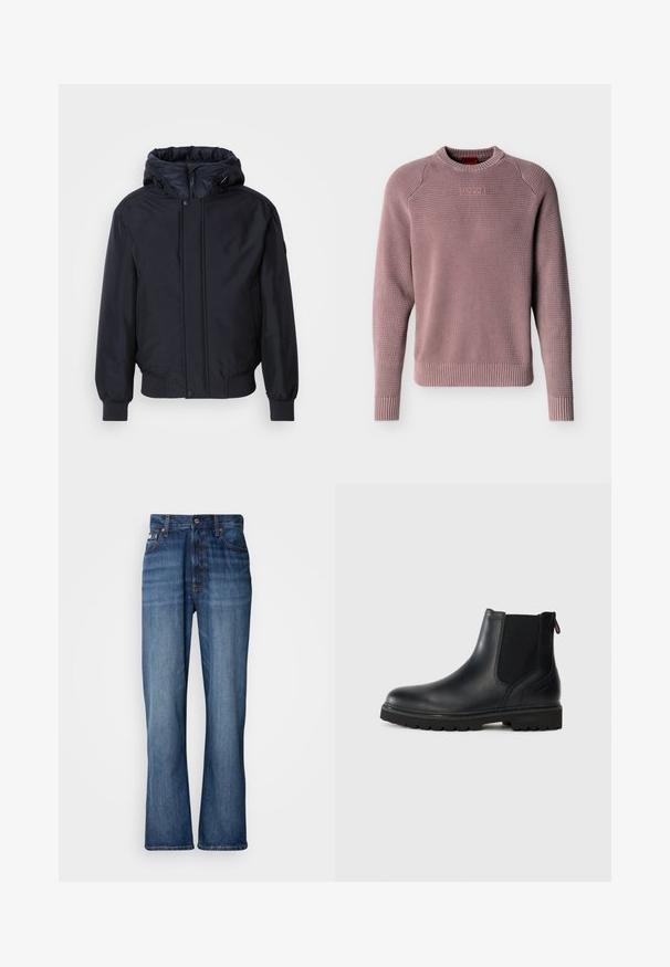 Must mustaga, lukuga ja elastsete mansettidega must kapuutsiga jakk. Omab siledat, mati viimistlust ja minimalistlikku disaini, sobib iga päev kandmiseks.; Tolmune roosa kootud kampsun soonikkoelise ümarkaela, mansettide ja äärega, millel on tekstuurse koega ning rinnal reljeefne "HUGO" logo.; Sinine denim kangas, kõrge vöökoht, laienevad sääred, viie tasku disain ja tooni õmblused. Omab nööpidega sulgemist ja poppers taskuid.; Musthave musta nahast ankle boot, millel on elastsed külgpaneelid, ümar varvas ja robustne kummitald, millel on sügavad tallad haardeks.