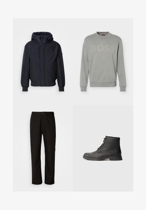 Must mustaga, lukuga ja elastsete mansettidega must kapuutsiga jakk. Omab siledat, mati viimistlust ja minimalistlikku disaini, sobib iga päev kandmiseks.; Helehall pikkade varrukatega dressipluus ümarkaelusega, soonikkoes varrukaotstega ja alläärega, rinnal on reljeefne "BOSS" logo ning väikene kaelamärgiga silt.; Mustad puuvillased püksid sirge lõikega, vöökohaga, esi tõmblukuga ja ühe nupuga sulgemisega. Sile tekstuur, ilma nähtavate mustriteta.; Must musta sääreni saapas tekstuuritud pinnaga, ümar nina, ees sidumisnöörid ja tugev kummitald. Minimalistlik disain, ilma nähtava brändita.