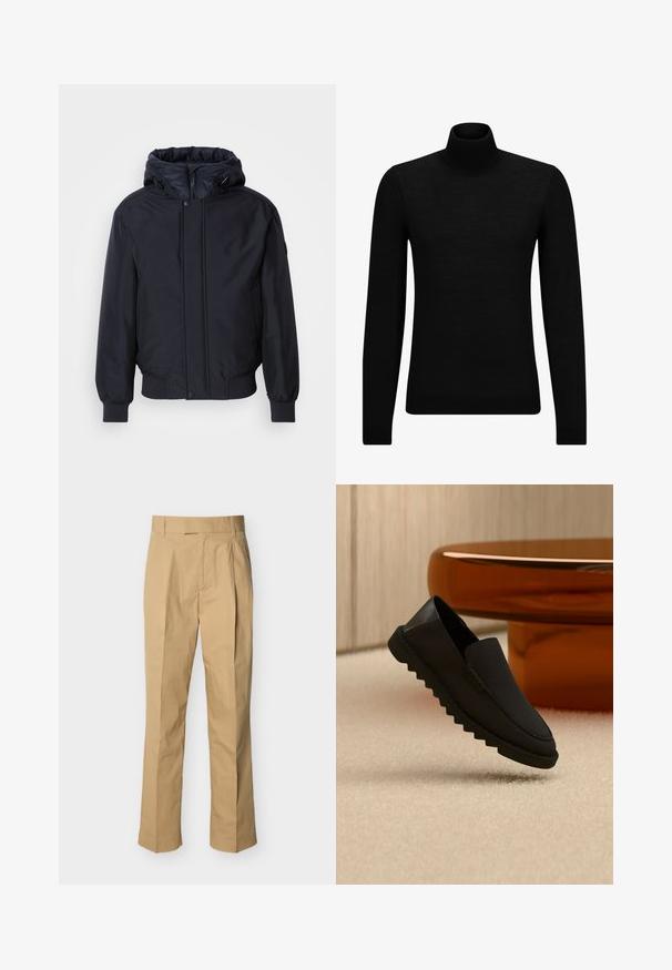 Sort hættetrøje med lynlås foran, elastiske ærmer og kant. Har en glat, mat overflade og minimalistisk design, velegnet til afslappet brug.; Sort turtleneck sweater lavet af blødt materiale, med lange ærmer og en tætsiddende pasform. Ribbet trim ved kanten og manchetter. Simpelt design.; Beige bukser lavet af glat bomuld med høj talje, der har folder foran og lige ben. Ingen synlige metaldele eller mønstre.; Sort slip-on sko med tyk rillede sål, der svæver over beige tæppe foran et rundt ambrafarvet bord.