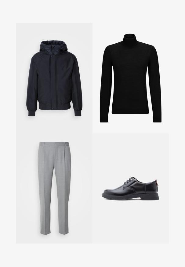 Chaqueta negra con capucha, cierre frontal de cremallera, puños y dobladillo elásticos. Presenta un acabado mate suave y un diseño minimalista, adecuado para uso informal.; Jersey de cuello alto negro hecho de un material suave, con mangas largas y un ajuste ceñido. Ribete acanalado en el dobladillo y los puños. Diseño simple.; Pantalones grises a medida con una textura suave, que cuentan con un frente plano, piernas rectas y pliegues sutiles para un detalle adicional.; Zapatos de piel negra con cordones, textura lisa, puntera redondeada y detalles sutiles de costura. Cuentan con una lengüeta roja en el talón.