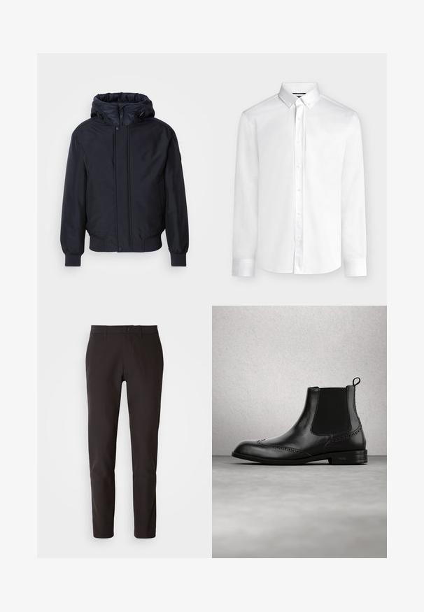 Must mustaga, lukuga ja elastsete mansettidega must kapuutsiga jakk. Omab siledat, mati viimistlust ja minimalistlikku disaini, sobib iga päev kandmiseks.; Valge pika varrukaga nööpidega särk nööbitava kraega ja tavapäraste mansettidega, esitatud ühevärvilisel heledal hallil taustal.; Mustadest siledast kangast püksid, millel on sirge lõige, tavaline vöökoht nööbiga kinni ja ilma nähtavate taskute või mustriteta.; Mustast nahast Chelsea-tüüpi saapas brogue-detailidega, elastsete külgpanelite, tõmblinaga ja madala kontsaga, pildil õhus kaasaegse siseruumipõranda taustal.