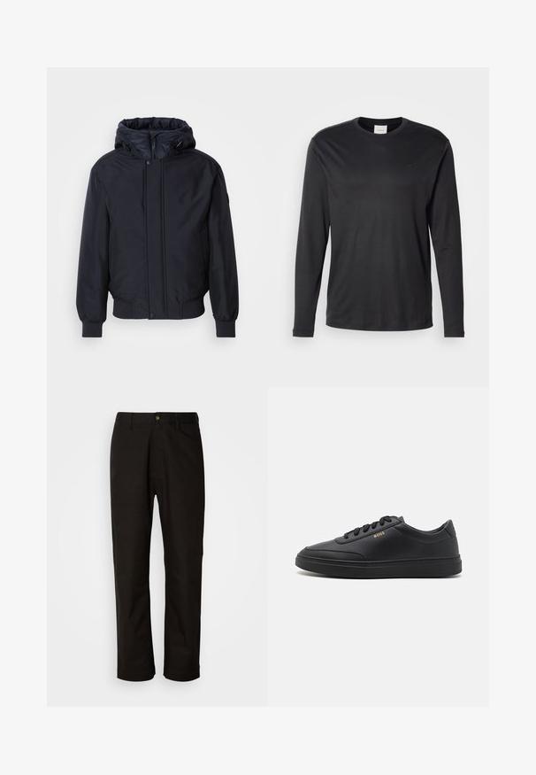 Veste noire à capuche avec fermeture éclair à l'avant, poignets et ourlet élastiques. Caractérisée par une finition lisse et mate, avec un design minimaliste, adaptée pour un port décontracté.; T-shirt noir à manches longues et col rond de Calvin Klein avec un petit logo CK sur la poitrine gauche, présenté sur un fond blanc uni.; Pantalon en coton noir avec une coupe droite, des passants de ceinture, une fermeture éclair à l'avant et un seul bouton. Texture lisse sans motifs visibles.; Baskets en cuir noir avec une texture lisse, bout rond, semelle en caoutchouc plate et lacets ton sur ton. Présente une marque "BOSS" dorée sur le côté.
