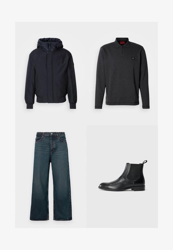 Sort hættetrøje med lynlås foran, elastiske ærmer og kant. Har en glat, mat overflade og minimalistisk design, velegnet til afslappet brug.; Langærmet polo i mørkegråt stof med klassisk krave, lukning med to knapper og en lille sort logo på brystet.; Mørkeblå vidde bukser i denim med knap foran, lynlåslukning og design med fem lommer vist mod en hvid baggrund.; Sorte læder ankelstøvler med elastiske sidepaneler, rund tå og en trækloft. Glat tekstur, flad sål, minimalistisk design.
