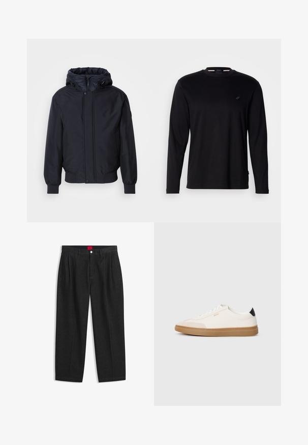 Zwarte capuchonjack met ritssluiting aan de voorkant, elastische manchetten en zoom. Heeft een gladde, matte afwerking en een minimalistisch ontwerp, geschikt voor casual kleding.; Zwart T-shirt met lange mouwen van katoen, met een ronde hals, een klein logo op de borst en een gladde, effen textuur.; Zwarte hoge taille broek met plooien aan de voorkant, ceintuurlussen, een knoop- en ritsluiting, en een rood label aan de binnenkant van de tailleband.; Witte sneakers met beige accenten, bovenwerk van glad leer, ronde neus en rubberen gumzool, met een zwarte hieltab en subtiele branding.