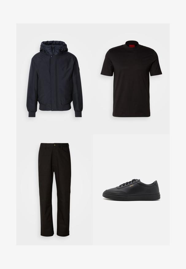 Sort hættetrøje med lynlås foran, elastiske ærmer og kant. Har en glat, mat overflade og minimalistisk design, velegnet til afslappet brug.; Sort kortærmet t-shirt med høj hals design. Fremstillet af glat stof. Har et rødt mærke på indersiden af kraven.; Sorte bomuldsbukser med lige pasform, bæltestropper, lynlås foran og en enkelt knappelukning. Glat tekstur uden synlige mønstre.; Sorte lædersneakers med en glat overflade, rund tå, flad gummisål og tonede snørebånd. Udstyret med guld "BOSS" branding på siden.