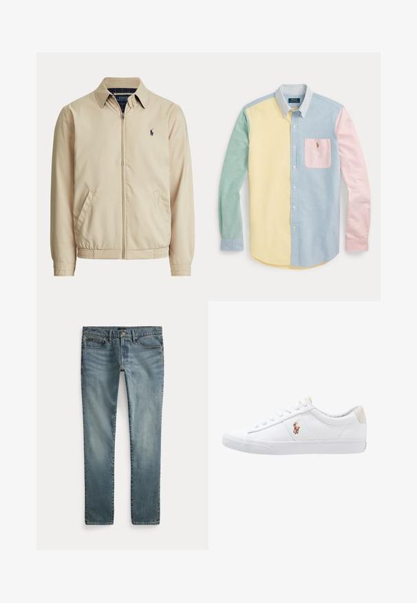Beežitud lukuga jope krae, küljetaskud, elastne vöökoht ja väike tume Polo Ralph Laureni logo vasakul rinnal.; Pikavarrukaga nööbitav särk pastelse kollase, rohelise, sinise ja roosa toonidega värviplokkide disainiga, triibulise krae ja rinnataskuga, millel on logo.; Sirged säärtega sinised teksad, ees taskud, vööaasad ja nööpidega sulgemine.; Valge kanvasest tennis, madala lõikega disain, millel on beež kontsapink ja väike tikitud logo küljel. Kummi välissole.